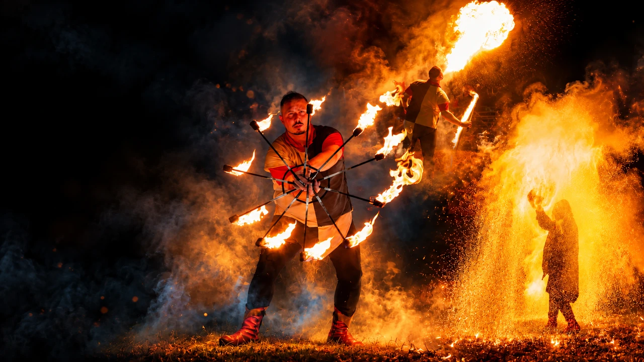 Fotografie della performance Firestorm con fuoco e scintille